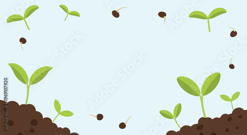 This simple vector illustration features young green sprouts growing from dark soil mounds and seeds falling against a pale blue background.