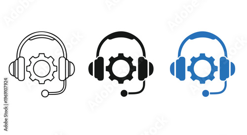Three headsets with gear icons in gray, black and blue representing tech support symbol and customer service concepts