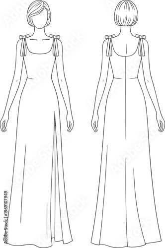 Tie strap maxi dress flat vector front back fashion illustration template