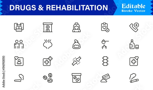 Drugs And Rehabilitation Line Icon Set with Modern Minimal Style and Unique Editable Vector Designs for Healthcare and Recovery