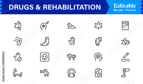 Drugs And Rehabilitation Line Icon Set with Modern Minimal Style and Unique Editable Vector Designs for Healthcare and Recovery