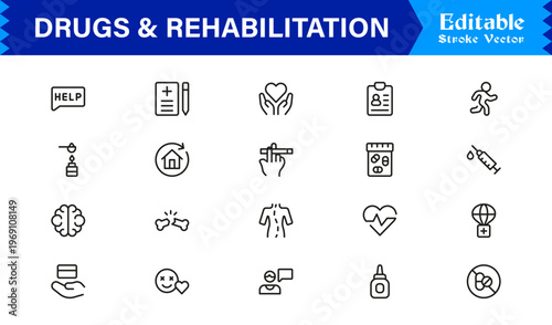 Drugs And Rehabilitation Line Icon Set with Modern Minimal Style and Unique Editable Vector Designs for Healthcare and Recovery