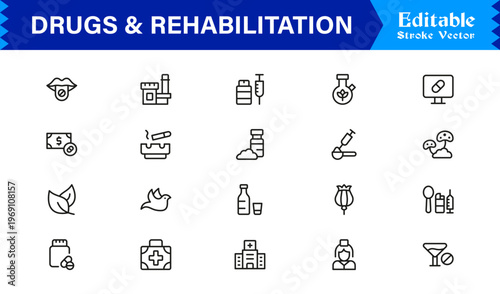 Drugs And Rehabilitation Line Icon Set with Modern Minimal Style and Unique Editable Vector Designs for Healthcare and Recovery