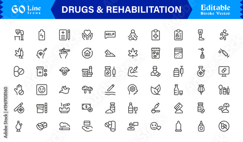Drugs And Rehabilitation Line Icon Set with Modern Minimal Style and Unique Editable Vector Designs for Healthcare and Recovery