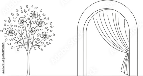 Black and white line drawing of tree and archway