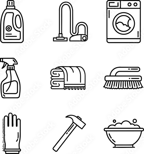 Set of nine black line icons for cleaning and tools