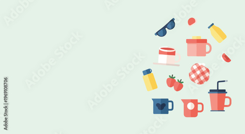 This vector graphic showcases a collection of picnic and beverage icons like mugs, strawberries, and sunglasses on a pale green background.