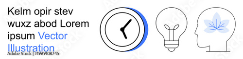 Productivity, mindfulness, innovation, creativity, mental well-being, time management. A clock, light bulb and head with a leaf design. Time management and mental well-being concept