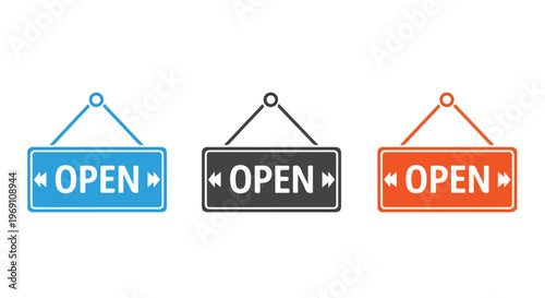 Three hanging signs in blue, black, and orange with bold white OPEN lettering signaling shop signage