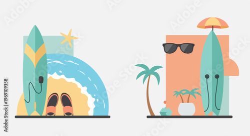 A vector illustration featuring two beach-themed compositions with surfboards, palm trees, waves, and summer accessories in a flat style.
