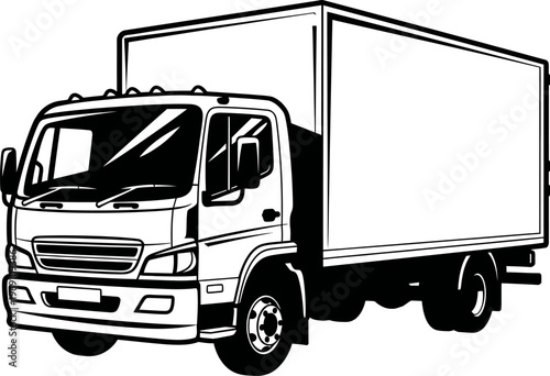 Black and white illustration of a delivery truck vehicle