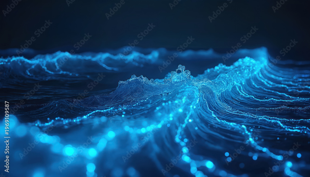 Fototapeta premium Abstract dark ocean waves with glowing blue energy patterns. Futuristic digital water surface illuminated by light particles. Science, tech, and nature fusion.