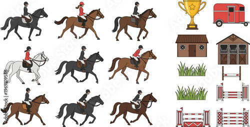 Set of Equestrian Illustrations Including Riders on Horses, Horse Jumps, Trophy, Stable, and Accessories for Horseback Riding Graphics