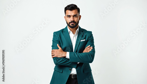 Man in teal suit arms crossed looking serious. He signals no with stern face. Pro man stands firm, asserting authority, conveying disapproval or firm decision. White background.