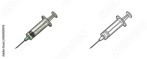 Medical syringes with needles in flat colored and black line art cartoon styles representing injection equipment for vaccination or healthcare on a clean white background