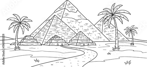 Pyramids of giza with palm trees in desert landscape