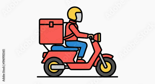 A delivery person rides a scooter with a large box through city streets.