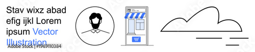 Digital marketing, branding, e-commerce, local businesses, remote storage, simplified design. Icon set of a person, storefront and cloud symbol. Branding and e-commerce concept