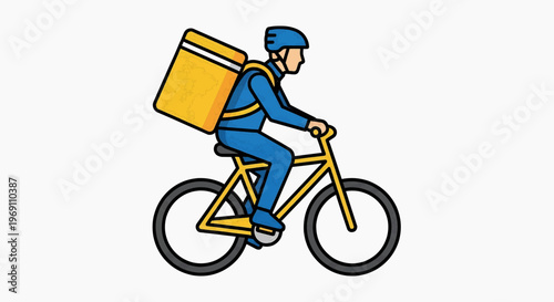 Delivery person riding bicycle with large box on back through city