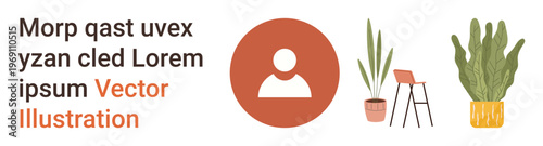 Branding, personal identification, nature, home decor, minimalism, visual design. Profile icon in orange circle, potted plants and chair. Branding and personal identification concept