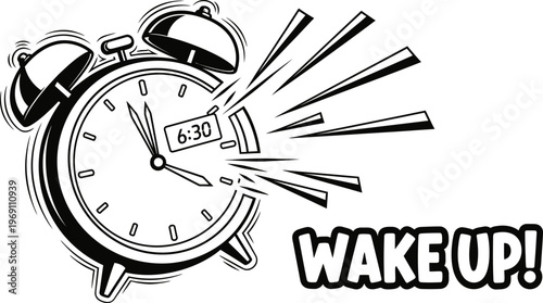Black and white alarm clock ringing loudly at 630
