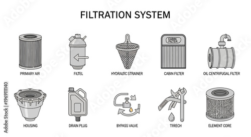 Diagram illustrating ten components of a filtration system with labels