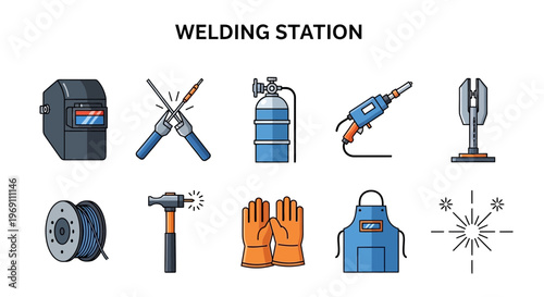 Collection of ten flat icon illustrations related to welding equipment and safety gear