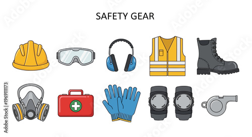 Illustration of ten pieces of safety gear arranged in two rows