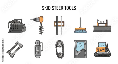 Flat graphic icons illustrating various skid steer loader attachments and components