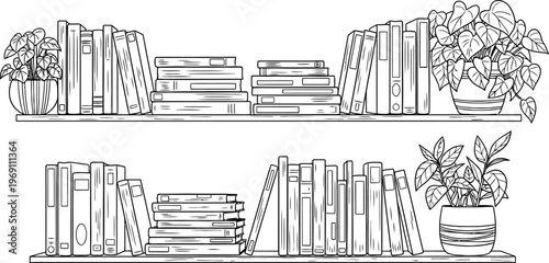Line art bookshelf with books and plants