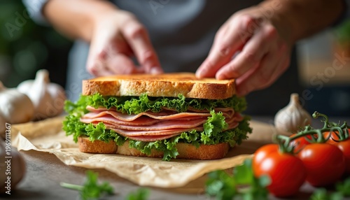 Chef prepares toasted sandwich with ham lettuce and tomato on parchment paper. Ingredients like garlic and fresh herbs surround delicious meal.