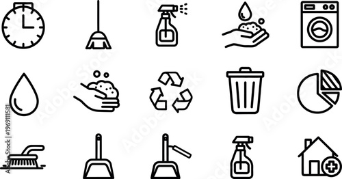 Black line icons for cleaning services and household chores