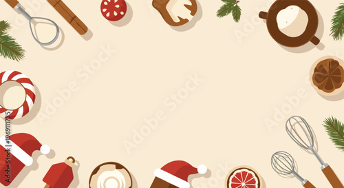 Festive Christmas vector background with baking tools, winter treats, and holiday decorations framing a central blank area for text.