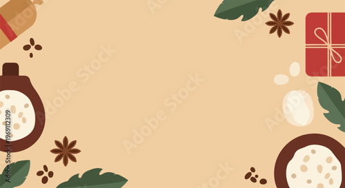 A minimalist vector illustration of spa and wellness items like leaves, star anise, and bowls arranged on a beige background.