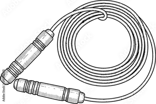 Black and white illustration of coiled jump rope with handles