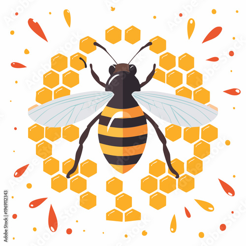 Colorful illustration of a bee with honeycomb and pollen