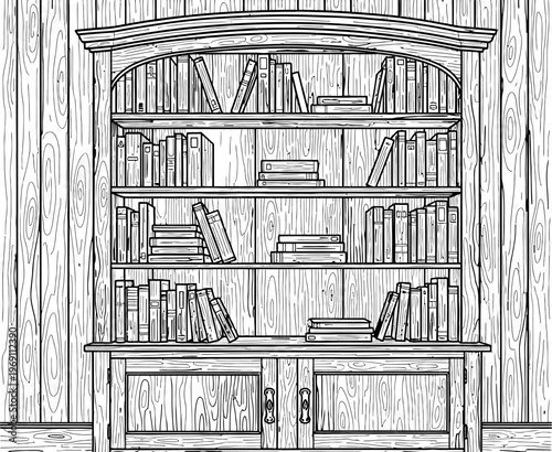Black and white illustration of a wooden bookcase with books