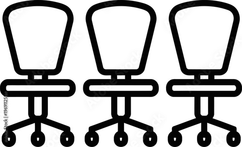 Three office chairs in a row on casters