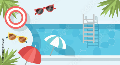 A vibrant top-down vector illustration features a blue swimming pool surrounded by summer essentials like sunglasses, umbrellas, and palm leaves.
