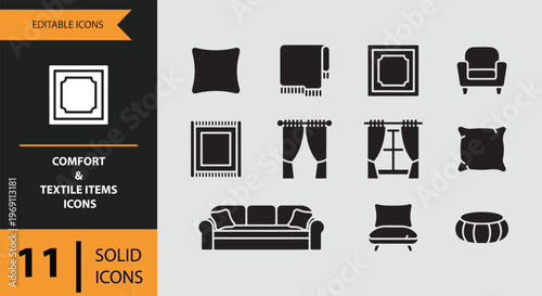 Comfort and textile items icons in solid black
