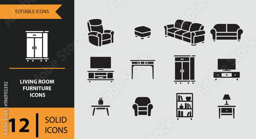 Black and white living room furniture icons on gray background