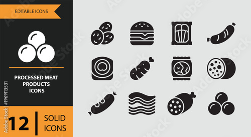 Processed meat products icons in solid style for food design