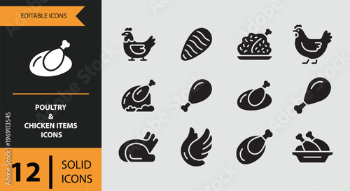 Poultry and chicken items icons on gray background