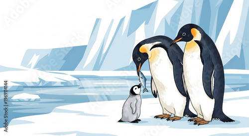 A vector illustration of a penguin family on ice with a glacier in the background