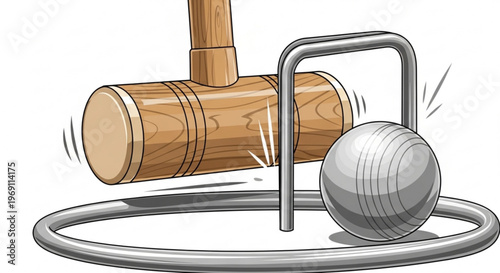 A vector graphic illustration of a croquet mallet and ball in play