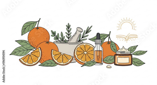 A vector illustration of oranges, herbs, and skincare products on a white background