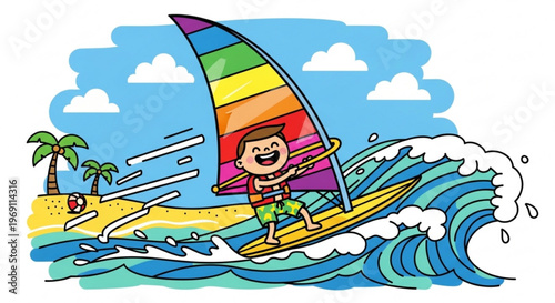 A colorful cartoon illustration of a boy windsurfing on a sunny beach