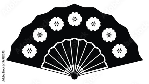 Traditional black folding fan with white floral embroidery designs