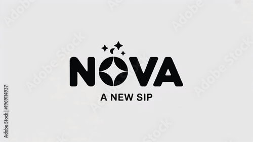 Minimalist black and white logo for 'nova' with the tagline 'a new sip' and subtle star and diamond graphic elements with graphic design