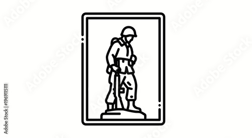 Minimalist black line art icon of a stoic soldier in uniform standing with a rifle illustration